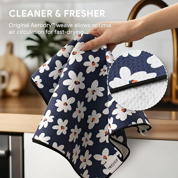 RECYCO Waffle Kitchen Towel Set of 2 - Quick Dry Microfiber Sustainable Dish Towels - Ultra Absorbent Reusable Cleaning Tea Towels - Lightweight Hand Towels,16”x 28”, Whimsy Petals