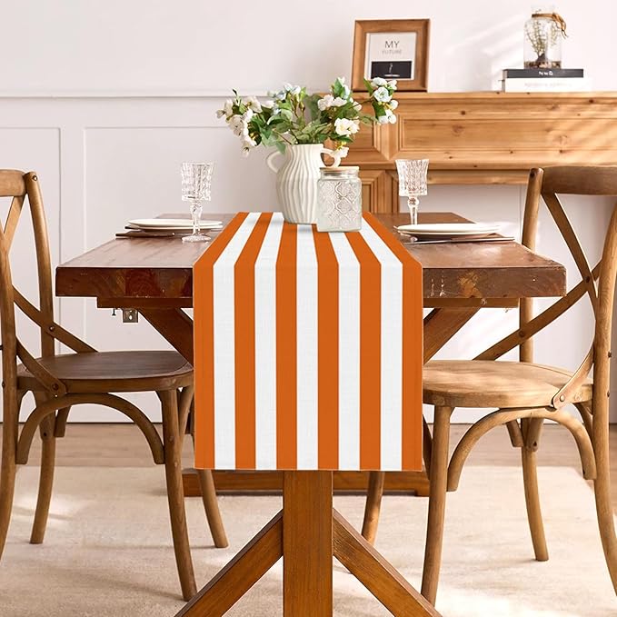 Orange and White Cabana Striped Table Runner Margarita Aperol Spritz Cocktail Birthday Party Decoration Baby Shower Dining Room Home Kitchen Table Decor (Orange, 13" x 72")