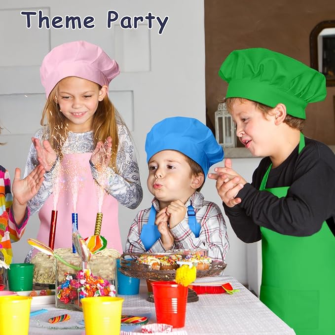 Kids Apron and Chef Hat Set, 16 Pieces Boys Girls Kids Apron with 2 Pockets Adjustable for Cooking Classroom Baking Painting, 6-13 Years, Multicolor