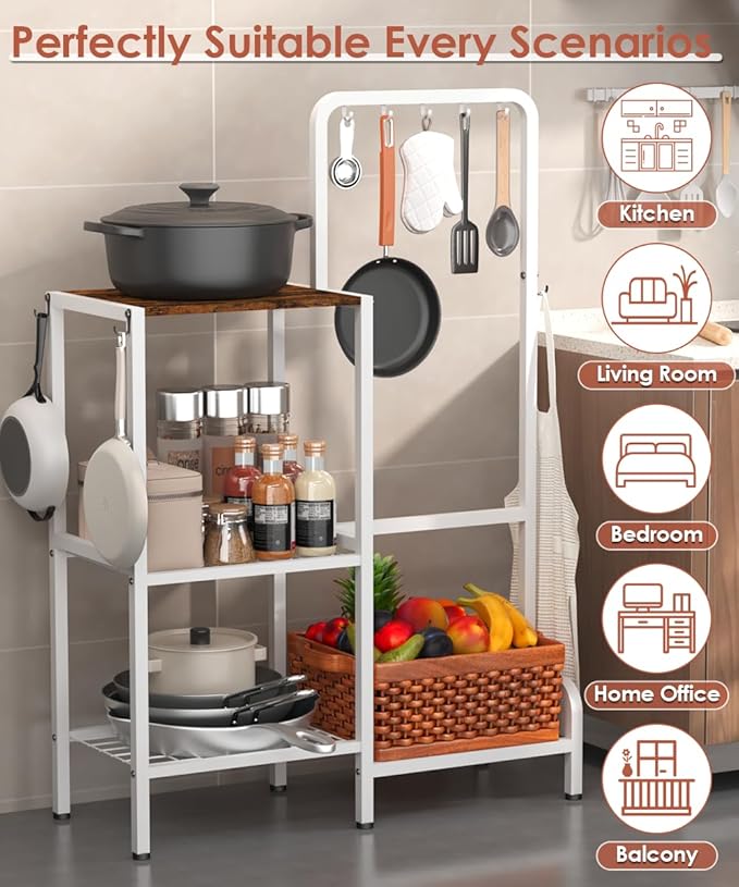 mocomax Kitchen Stand Shelf with Storage, 3-Tier Utility Baker's Rack for Spices, Adjustable Coffee Bar Station with 8 Hooks, Space-Saving Microwave Oven Stand for Pots, Pans & Utensils, White
