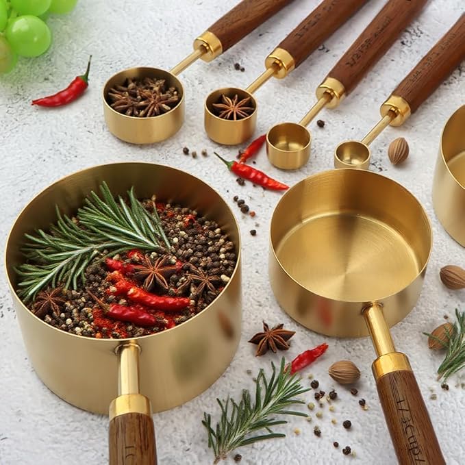 8Pcs Measuring Cups and Spoons Set, Stackable Measuring Cups with Wooden Handle, Stainless Steel Kitchen Measure Supplies Kit for Baking, Cooking(COLOR:gold+brown)