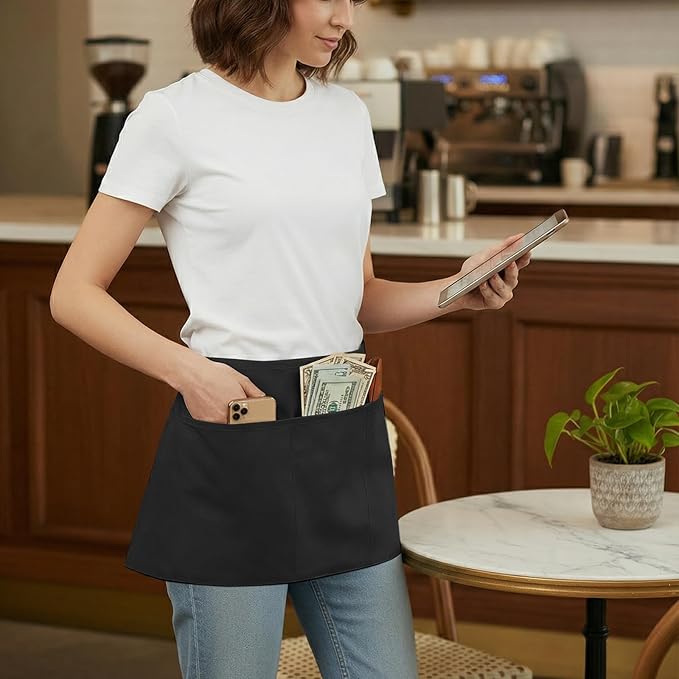 BOHARERS Waist Apron with 3 Pockets - Black Waitress Waiter Server Short Aprons