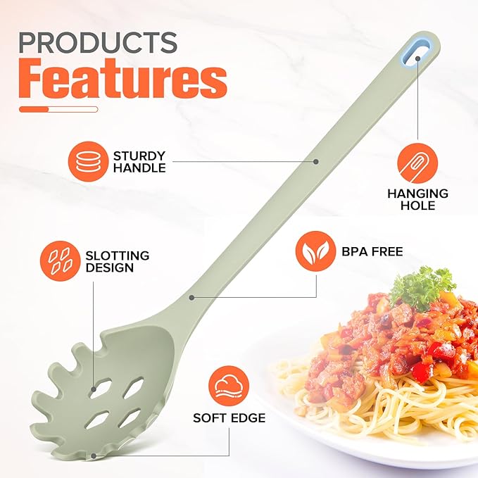 Silicone Spaghetti Spoon&Soup Ladle Cooking Utensils Set of 2,No Scratch for Nonstick Cookware,BPA Free, 450℉ Heat Resistant (Green)