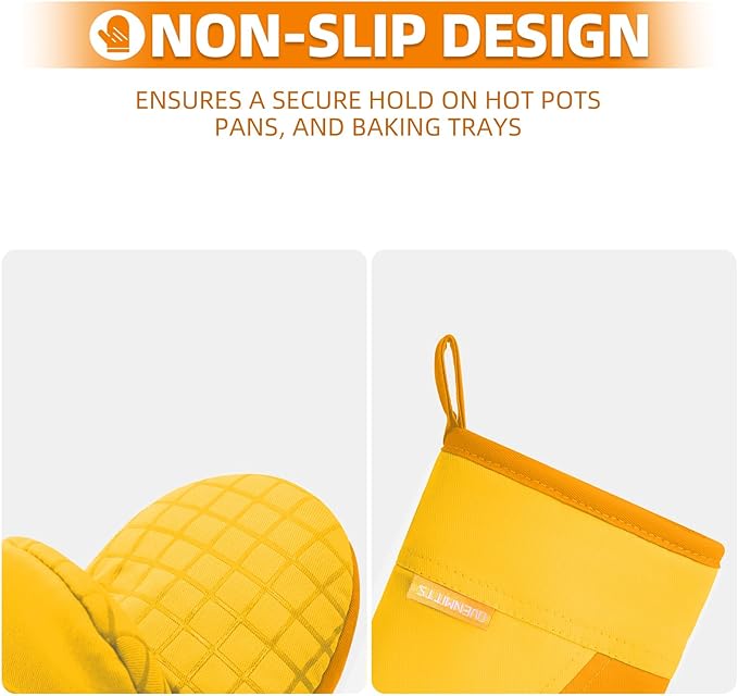Mini Oven Mitts, Kitchen Oven Gloves Kitchen Mittens 500 Degrees Heat Resistant Baking Gloves, Non-Slip Silicone Surface with Hanging Loops Hot Gloves for Cooking, Baking, BBQ 1 Pair-Yellow