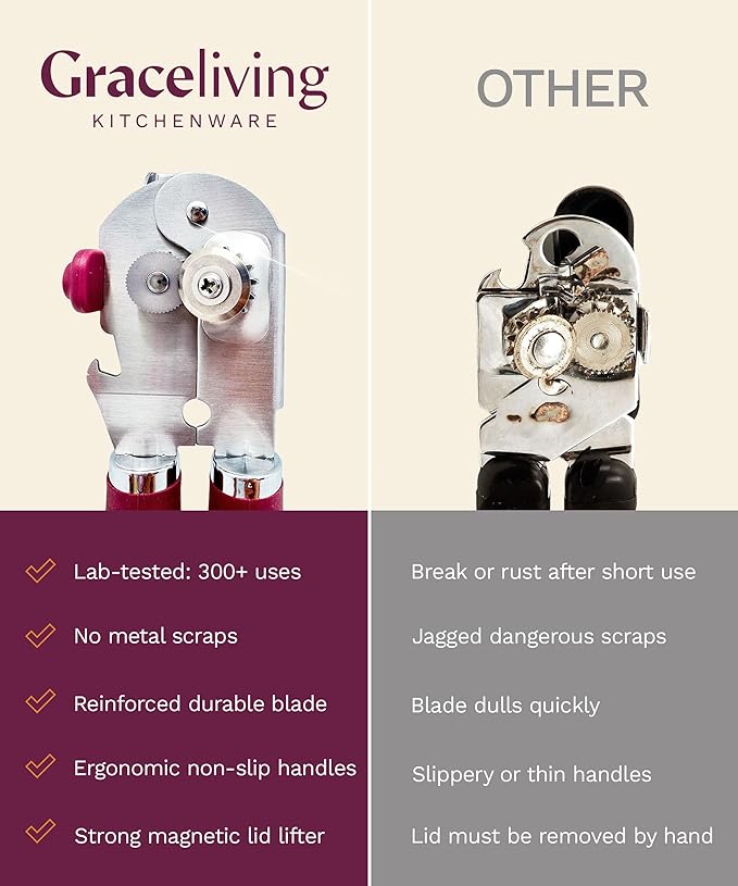 Premium Multifunction Magnetic Manual Can Opener and Bottle Opener, Heavy Duty Stainless Steel Sharp Cutting Blade and Oversized Easy Turn Knob, Soft-Touch Handle, Kitchen Use, Mauve