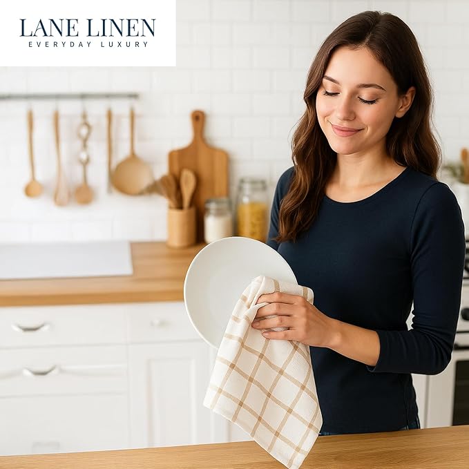 LANE LINEN Cotton Kitchen Towels and Dish Cloths Set, 6-Pack – Absorbent, Quick-Drying Dish Towel, 18" x 28", Soft, Premium Hand and Tea Towels - Beige