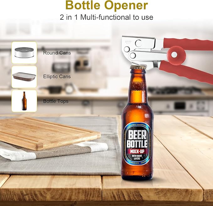 Commercial Can Opener, Hand Crank Manual Manual Heavy Duty with Extra-long Handles, Oversized Knob, Large Handheld Can Open Easy for Big Cans, Red