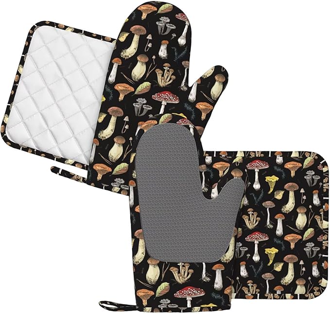 Black Mushroom Oven Mitts and Pot Holders 4 pcs Set Silicone Mushrooms Kitchen Oven Mitt Gloves Pot Holders Non-Slip Heat Resistant Cooking Mitts Set for Kitchen Baking Grilling BBQ
