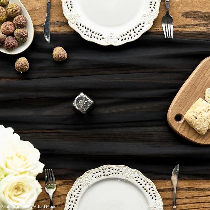 Artoid Mode 3PCS Black Gauze Table Runner 120 Inch 10FT, Seasonal Sheer Kitchen Dining Holiday Wedding Birthday Baby Shower Table Decor for Home Party