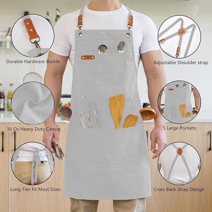 Aoomzoon Canvas Aprons for Men Chef Apron, Work Apron with Large Pockets - 16oz Heavy Duty Cross Back, BBQ, Cooking