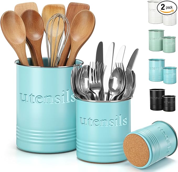 FoldTier 2 Pack Kitchen Utensil Holder for Counter 6.7"+4.7" Farmhouse Cooking Utensil Crock with Cork Bottom Modern Farmhouse Decors Countertop Storage Organizer Caddy Housewarming Gift(Turquoise)