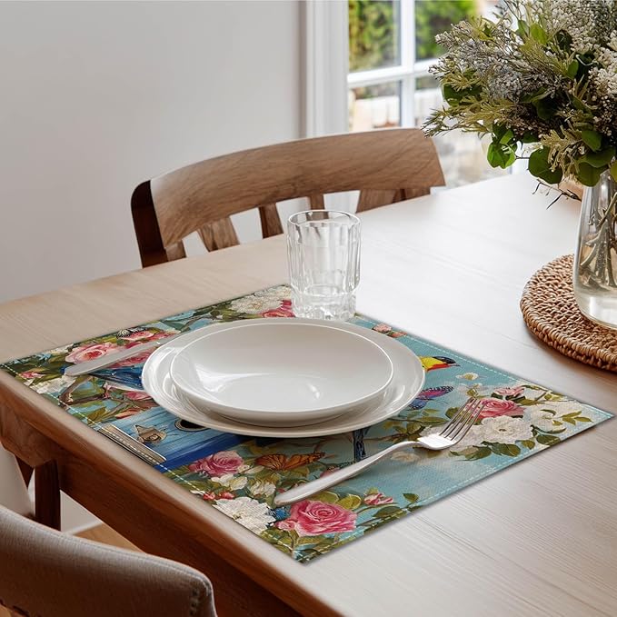 HOMETITUTE Birdhouse Art Linen Placemats Set of 4 12x18 inch Spring Table Mats for Dining Table Farmhouse Decorations Kitchen Decor Desk Mat for Outdoor Home Party Kitchen Seasonal Dining Decor