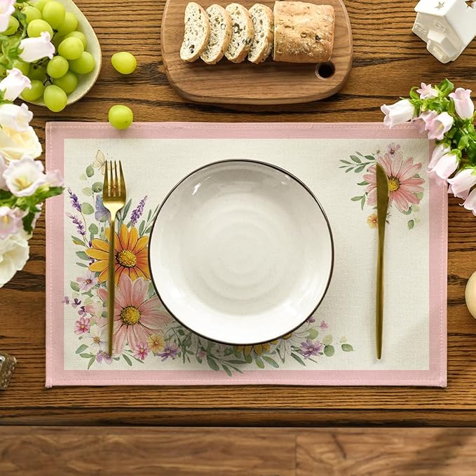 Artoid Mode Pink Sunflowers Butterfly Spring Placemats Set of 4, 12x18 Inch Seasonal Summer Holiday Table Mats for Party Kitchen Dining Decoration