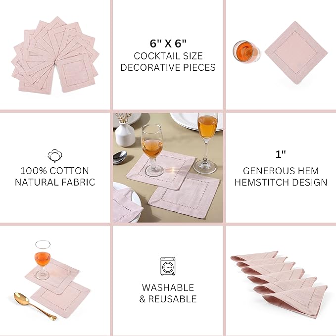 FINGERCRAFT Cocktail Napkins 6 x 6 Inch Premium Quality Cotton, Generous Hemstitch and Mitered Corner Set of 12 Coaster Cloth Pink
