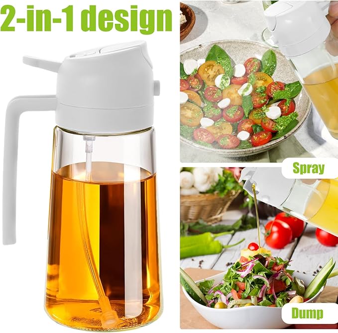 3 Pack 16oz/470 ml Olive Oil Dispenser Bottle 2 in 1 Clear Glass Oil Sprayer and Container Refillable Dispenser with Automatic Cap Portable Spray Bottle for Cooking Baking White