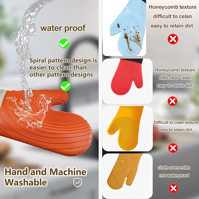 Silicone Oven Mitts-13.6 in Extended Oven Mitts Heat Resistant 500F, Oven Gloves with Soft Liner Good Grippy BPA-Free Easy to Clean Flexible-Oven Mits Set for Cooking Baking Grilling BBQ