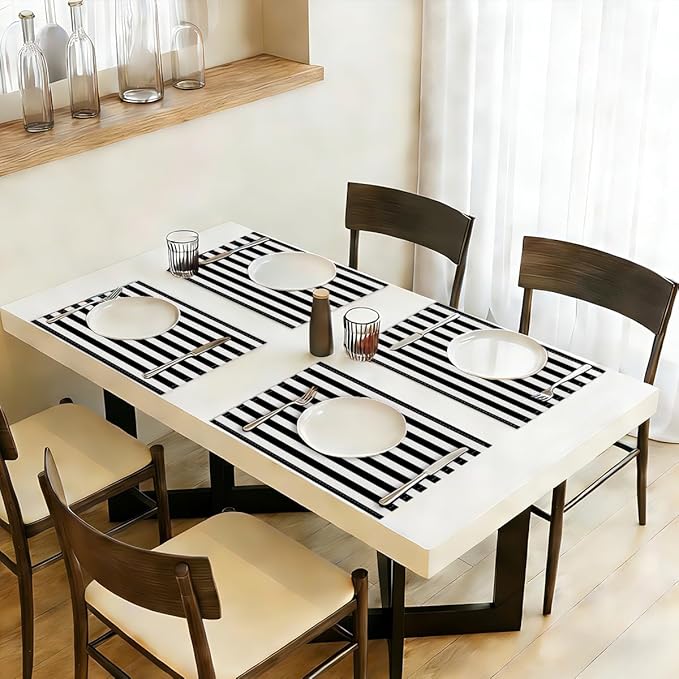Black and White Striped Placemats Set of 4, Modern Minimalist Table Mats for Home Party Kitchen Dining Table Decor, Washable Non-Slip Heat Resistant Linen Fabric Rectangle Place Mats 12 x 18 Inch