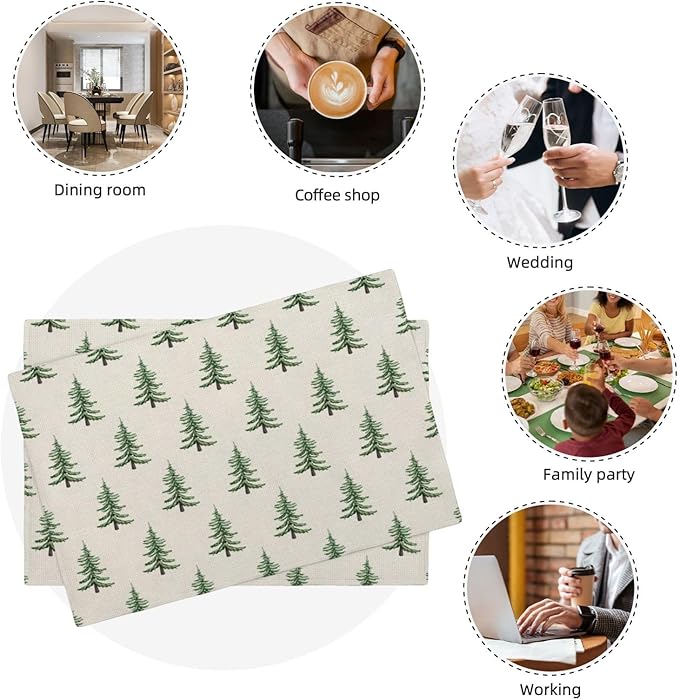 Christmas Trees Placemats Set of 4 Sage Green Christmas Decor Place Mats 12x18 Inch Xmas Winter Holiday Farmhouse Decorative Linen Table Mats for Home Kitchen Dining Party Table Decoration