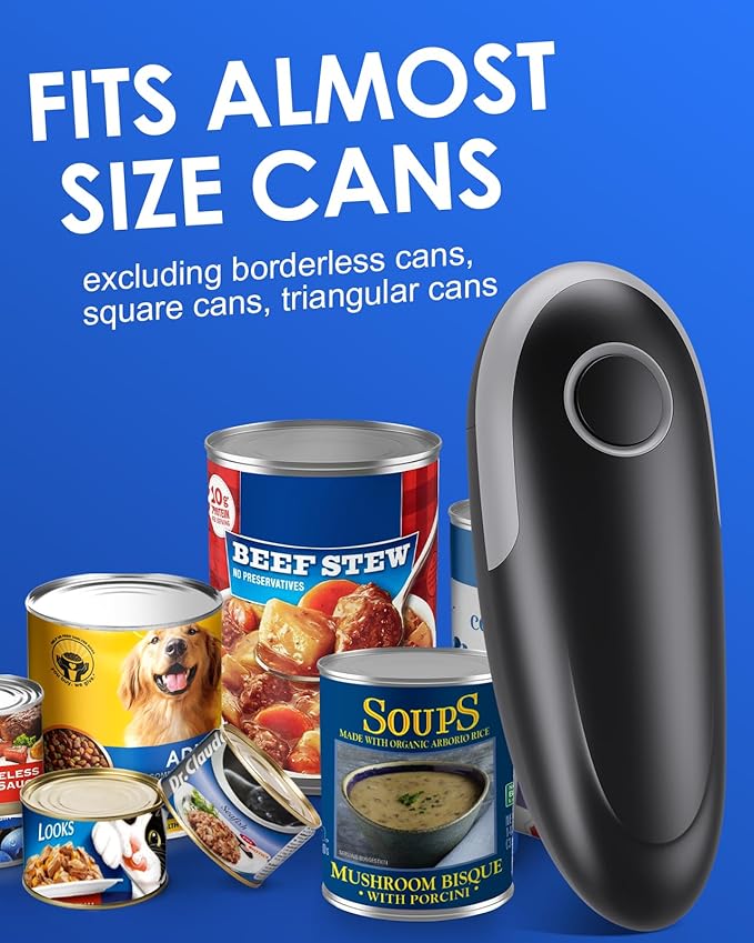 Electric Can Opener, One-Touch Automatic Can Opening with Smooth Edges, Food Safety Handheld Battery-Operated Can Opener for Kitchen and Seniors, Arthritis, Hands Free, Lid Remover, Kitchen Gadgets