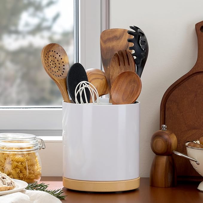 Meolibour Extra Large Porcelain Like Kitchen Cooking Utensil Holder, 360° Rotating Utensil Crock, 7.2" Unbreakable for Countertop, for Farmhouse Kitchen Decor with Rotatable and Detachable Base