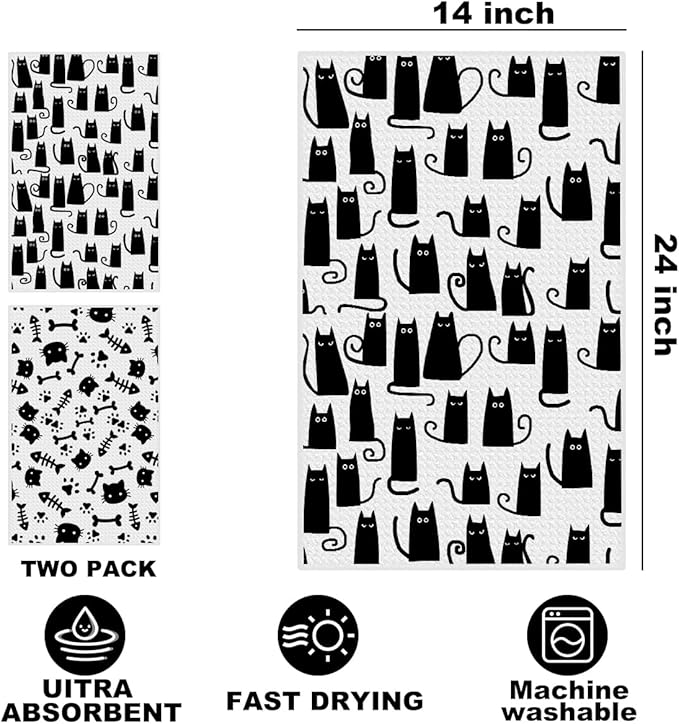 2Pcs Cat Kitchen Towels, Funny Cats Absorbent Tea Towel Decorative Dish Hand Towels Cat Lover Gifts for Cleaning Drying Cats Owners Women Mom Housewarming Gifts 14 x 24 Inch Kitchen Home Decor-2
