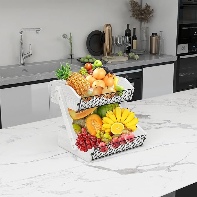 Dorhors Fruit Basket for Kitchen, 2 Tier Fruit Bowl,Kitchen Counter Organizer,Wooden Vegetable Holder for Countertop,Bread Storage Basket Stand (Rustic White)