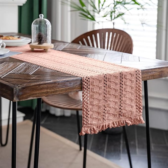Alynsehom Macrame Table Runner Pure Pink Boho Table Runners with Tassels Hand Woven Cotton Table Runner Rustic Farmhouse Table Runners for Bohemian Kitchen Dining Table(12x48in)