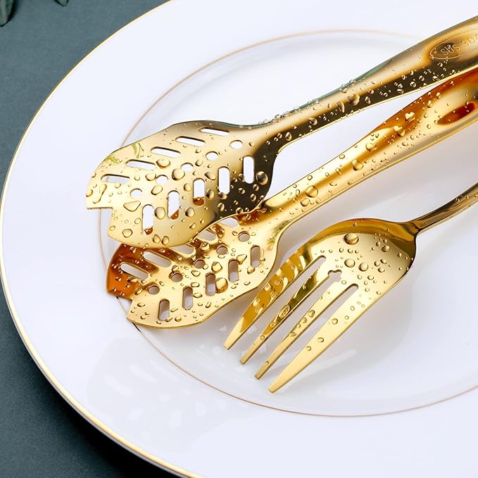 Gold Serving Utensils, OGORI 12-Piece Stainless Steel Serving Utensils Include Serving Spoons, Slotted Spoons, Serving Tongs, Serving Forks, Butter Knife, Stirring Spoon, Soup Ladle, Pie Server