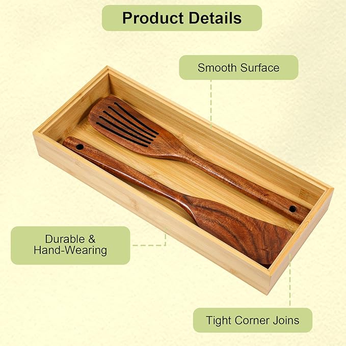 2 Pack Kitchen Drawer Organizers, 14" x 5.9" x 2" Stackable Bamboo Silverware Drawer Organizer, Bamboo Utensil Organizer for Bathroom, Dressing Room, Office, Pantry (Natural)