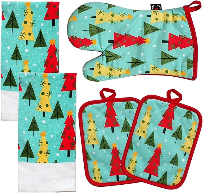Oven Mitts and Potholders Dish Towles Set 100% Cotton for Perfect for Gifting, Baking and Everyday Cooking Durable Heat Resistant for Kitchen (5-Piece Christmas Tree)