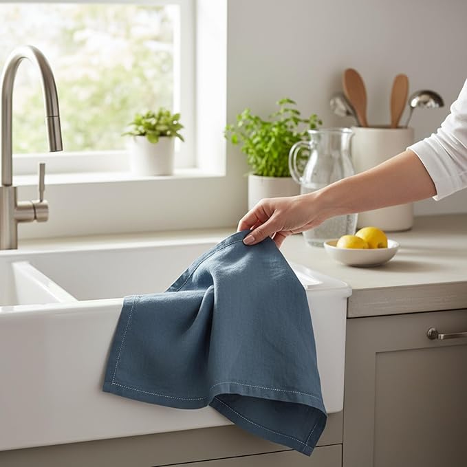 Linen Kitchen Dish Towels – 20” x 27” – 100% Pure Stonewashed Linen Hemstitch Hand Towel/Tea Towel - Set of 2 (Soft Teal Blue)