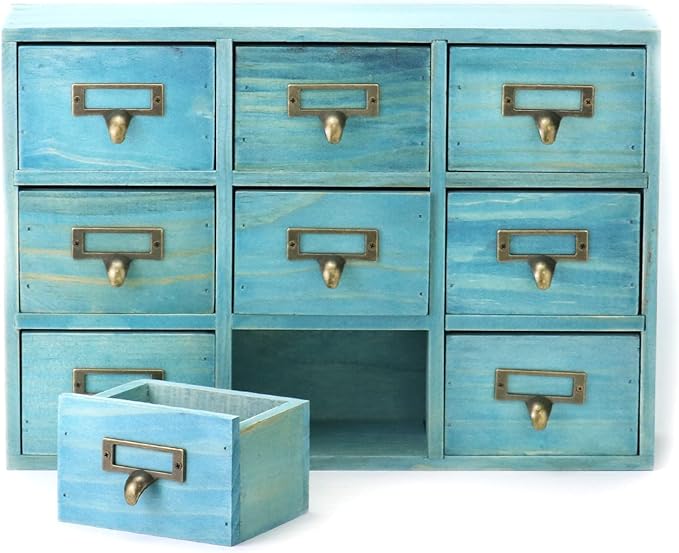 QWORK Desk Drawer Organizer, Wooden Vintage Apothecary Cabinet with 9 Drawers, Home Office & Tea & Dresser Bedroom Organization and Storage, Traditional Apothecary Cabinet, Blue
