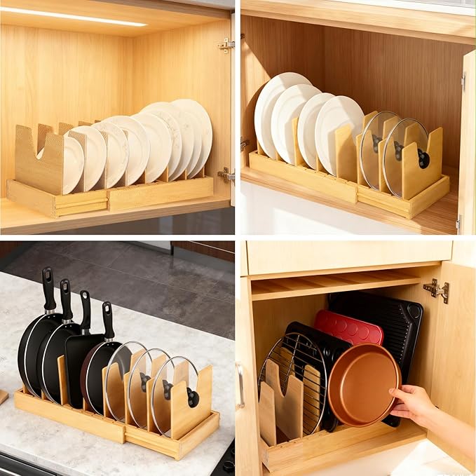 Pots and Pans Organizer for Under Cabinet - Expandable Bamboo Pot Lid Organizer, Pan Organizers inside Cabinet, Drawer Pot Lid Holder Rack for Kitchen Organization and Storage