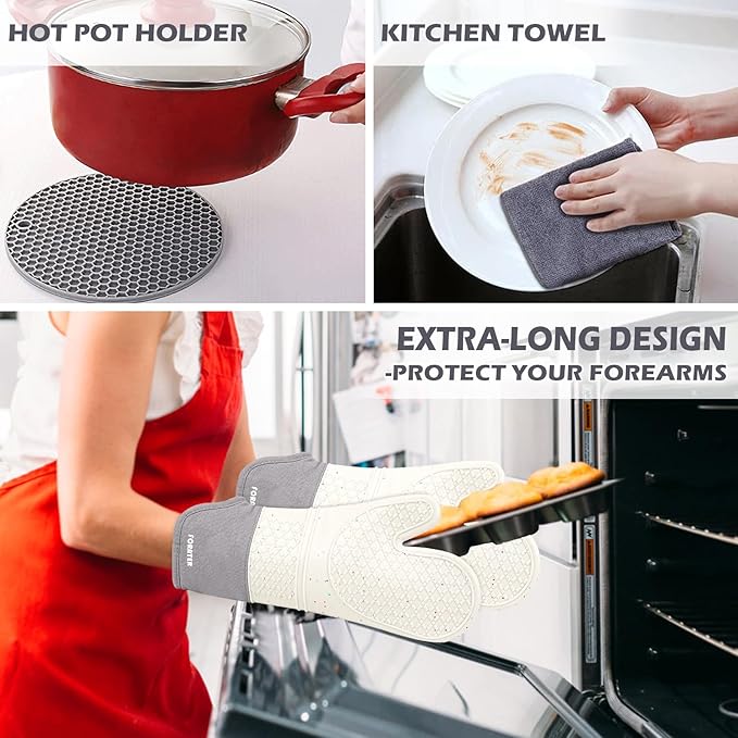 Extra Long Oven Mitts and Potholders 6Pcs Set, 500°F Heat Resistant Kitchen Oven Gloves 15'' Oven Mitts with Non-Slip Silicone Surface Soft Cotton Lining for Cooking, Baking and Grilling - Light Grey