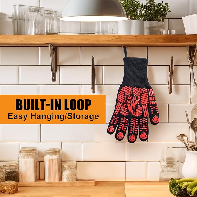 BBQ Gloves, Oven Gloves, 1472°F Extreme Heat Resistant Barbecue Gloves, Silicone Non-Slip Oven Mitts, Kitchen for Cooking, Grilling, and Baking (Red)