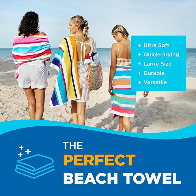 Kaufman - Joey Velour Colored Classic Multi-Color Stripe Beach & Pool Towel - Large 100% Combed Cotton Beach Towel - Soft & Absorbent Colorful Towels - 32" x 62" - 480 Pack