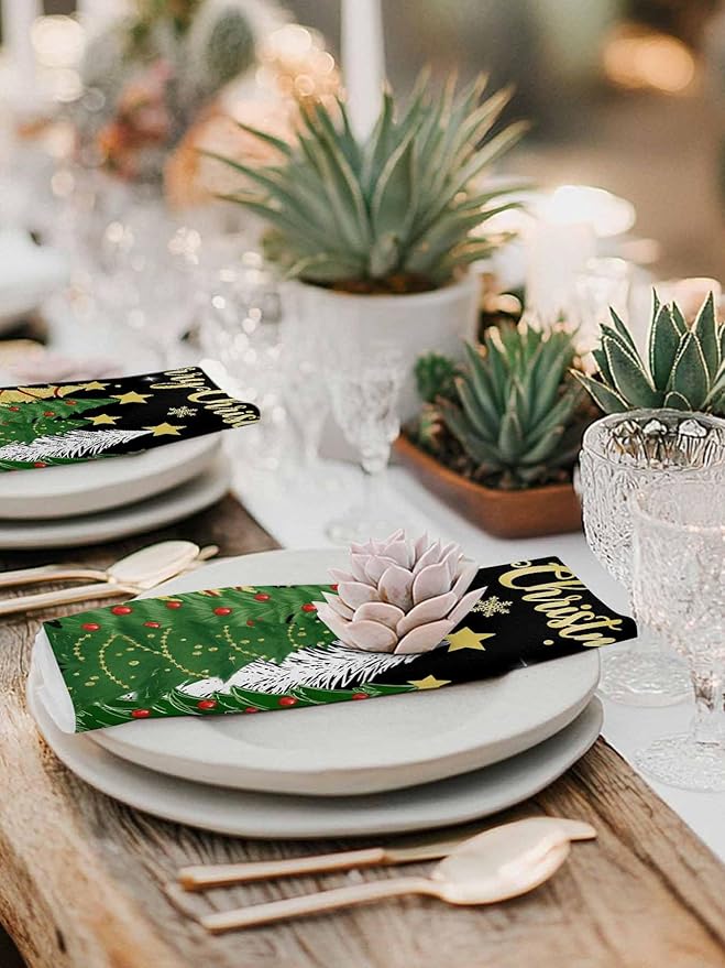 Christmas Tree Black Cloth Napkins Set of 6 - Forest Pine Washable Dinner Napkins Snowflakes Xmas Stars Sparkle Table Reusable Napkin for Home Party Wedding Dining Table Decoration, Oversized 20"x20"