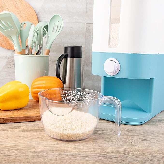 Rubtlamp Rice Dispenser, 20Lbs Rice Container, Large Rice Storage Container with Measuring Cup, Cereal Dry Food Storage Dispenser with Lid, Moisture Proof Household Food Dispenser Bucket(Blue)