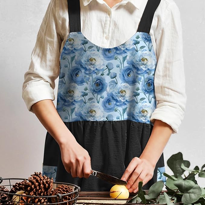 Uaussi Cotton Linen Apron Cross Back Work Apron for Women with Pockets Pinafore Dress X Cross Halter Apron for Chef Gardening