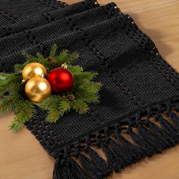 Socomi Boho Table Runner Macrame Long Easter Spring Farmhouse Woven Cotton Linen Rustic Coffee Table Runner with Tassels for Dresser Scarf Home Decor Dining Room 12x108 inch Black
