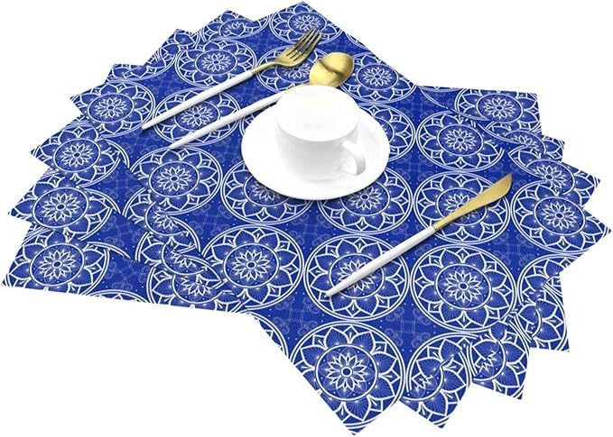 Chinoiserie Blue and White Florals Linen Placemats Set of 4, Navy Blue Chinoiserie Place Mats 4 for Dining Table Kitchen Coffee Shop Farmhouse, Gifts for Chinese Culture, Festival & Kitchen Home Decor