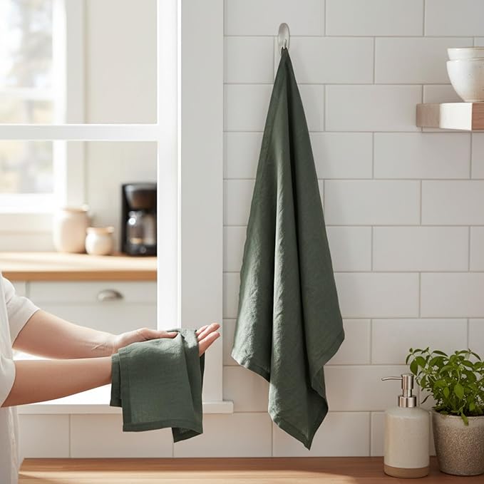 Linen Kitchen Dish Towels – 20” x 27” – 100% Pure Stonewashed Linen Hemstitch Hand Towel/Tea Towel - Set of 2 (Rustic Green)