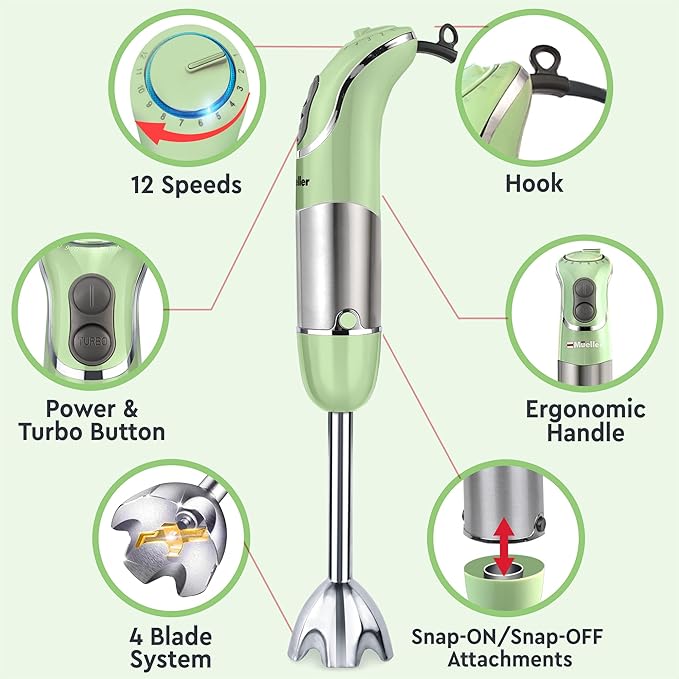 Mueller Multistick 800W 4-in-1 Immersion Blender Handheld, 12 Speed Hand Mixer - Turbo Boost, Heaviest Duty Copper Motor, Titanium Blades Hand Blender, Milk Frother Wand, Whisk, Beaker, Chopper, Green