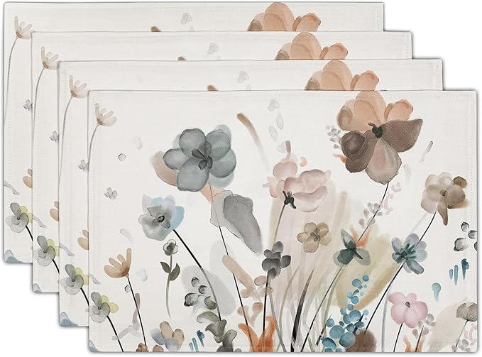 Brown Cream Grey Teal Floral Placemats Set of 4 Watercolor Flowers Place Mats Washable Dining Rustic Abstract Floral Farmhouse Linen Table Mats Stain Heat-Resistant Cloth Table Mat Decor 12x18 in