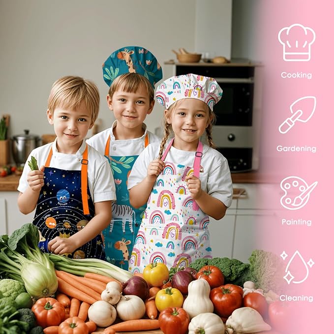 SANDJEST Kids Apron with Chefs Hat Set, Kitchen Apron Gifts