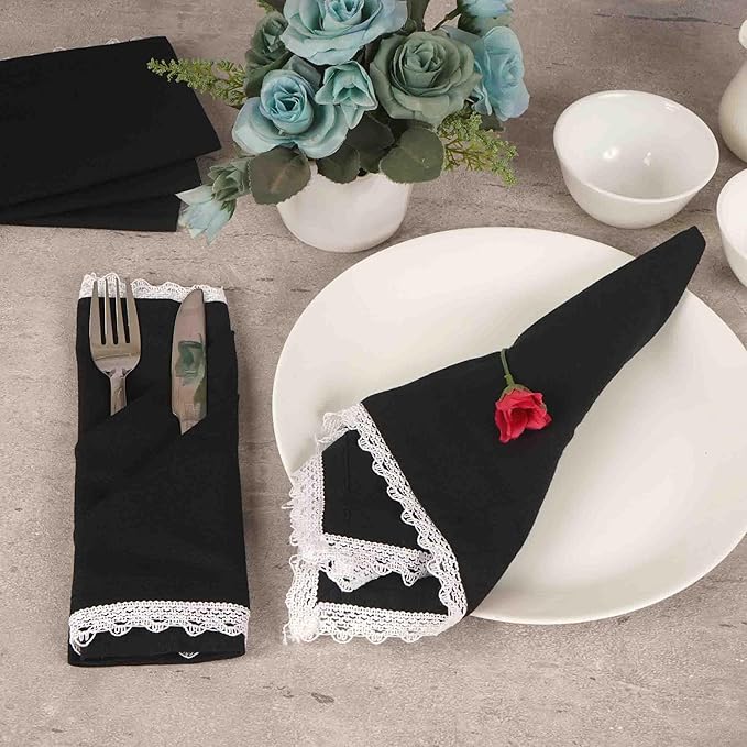 FINGERCRAFT Dinner Cloth Napkin Cotton Linen Blend 4 Pack Mitered Corners with Elegant Lace for Everyday Use Napkins are Pre Shrunk and Good Absorbency Black Easter Color