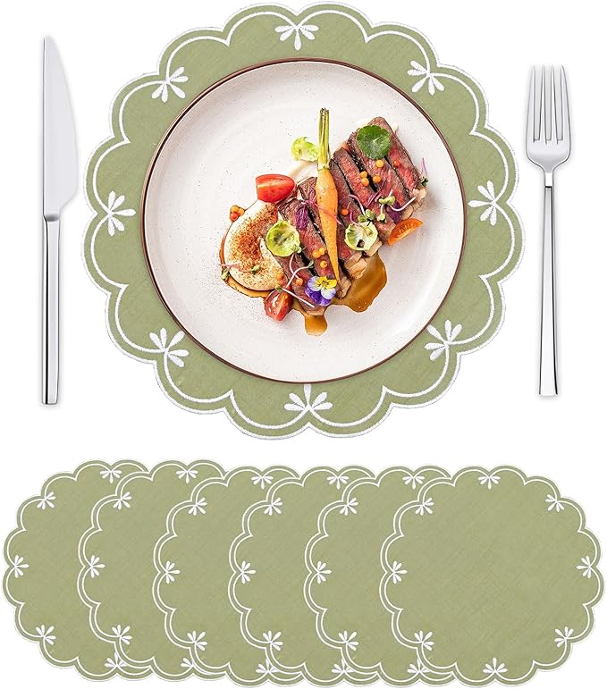 SK Studio Set of 6 Cotton Linen Placemats, 15x15 Round Scalloped Cloth Table Mats, Embroidery Double Layered Washable Dining Placemat for Hotel Restaurant Kitchen, Green