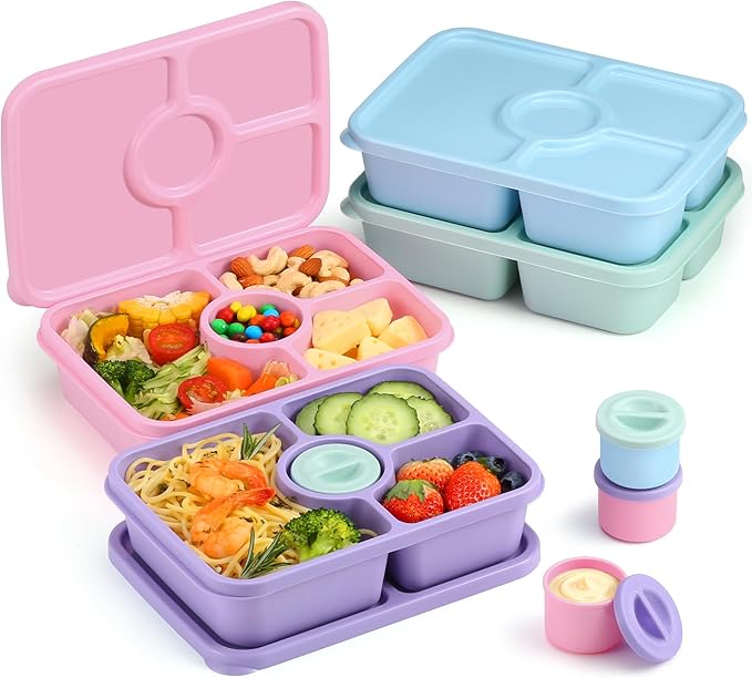 Bento Snack Box Containers, Reusable Meal Prep Lunch Containers for Adults Kids, Stackable Bento Snack Box 4 Pack, Divided Lunchable Food Storage Containers with Sauce Container, Dreamy Pink