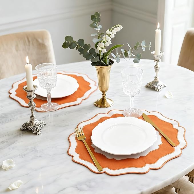 Embroidery Cotton Linen Placemats Set of 4, HADEEONG Table Mats Cloth Placemats, Washable Wrinkle Resistance, Double Layer Scalloped Fabric Placemats, 17.7 x 13.4inch (White with Orange, 4)