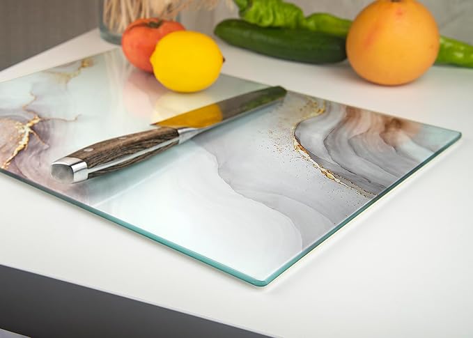 Kitchenville Glass Cutting Board 16"x12": Tempered Glass Kitchen Counter Protector - Durable- Scratch-Resistant, Heat-Proof - Design 7 - White & Gold